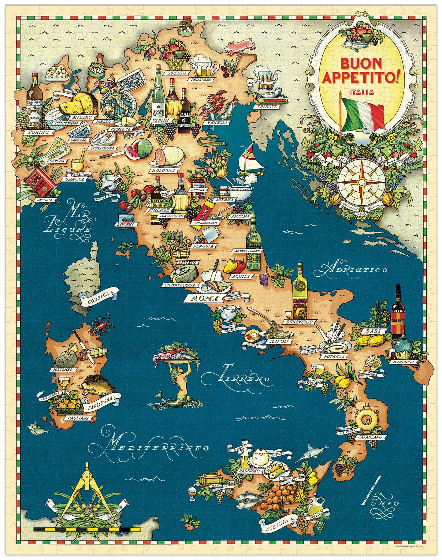 Vintage Culinary Map of Italia: 1,000-Piece Puzzle