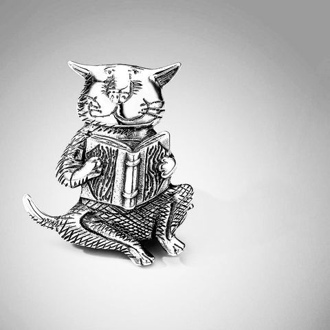 Edward Gorey Sterling Cat Reading a Book Pin